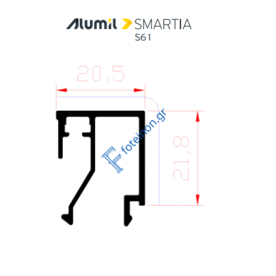 Πηχάκι 20,5mm S60485 σειράς S61 Alumil 6m σε χρώμα λευκό 9016