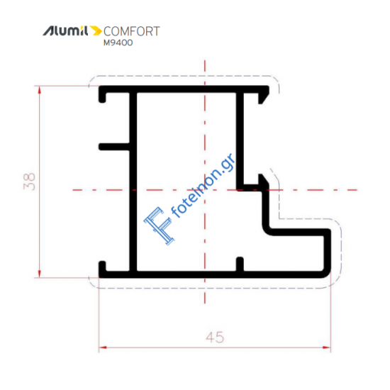 Κάσα M9401 μόνο για φύλλο παντζουριού M9372 σειράς Μ9400 Comfort Alumil 6m σε χρώμα λευκό 9016