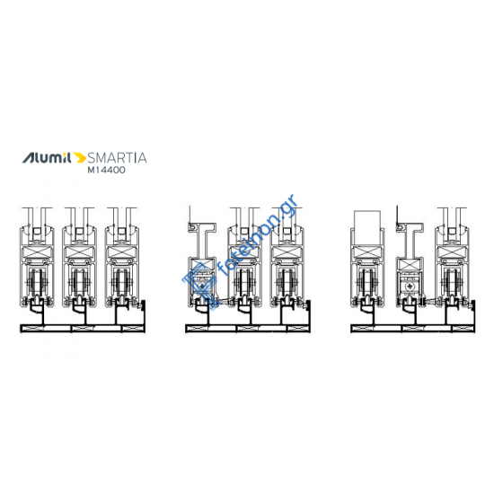 Τριπλός οδηγός M14403 για 2φ.επάλληλο με σίτα ή 3φ.επάλληλο τζάμι ή χωνευτό τζ-σι-πα της σειράς M14400 Alumil 6m σε χρώμα λευκό 9016