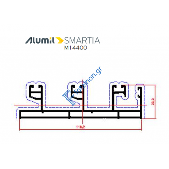 Τριπλός οδηγός M14403 για 2φ.επάλληλο με σίτα ή 3φ.επάλληλο τζάμι ή χωνευτό τζ-σι-πα της σειράς M14400 Alumil 6m σε χρώμα λευκό 9016
