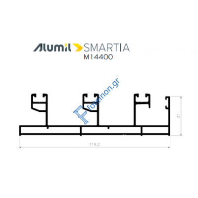 Τριπλός οδηγός M14403 για 2φ.επάλληλο με σίτα ή 3φ.επάλληλο τζάμι ή χωνευτό τζ-σι-πα της σειράς M14400 Alumil 6m σε χρώμα λευκό 9016