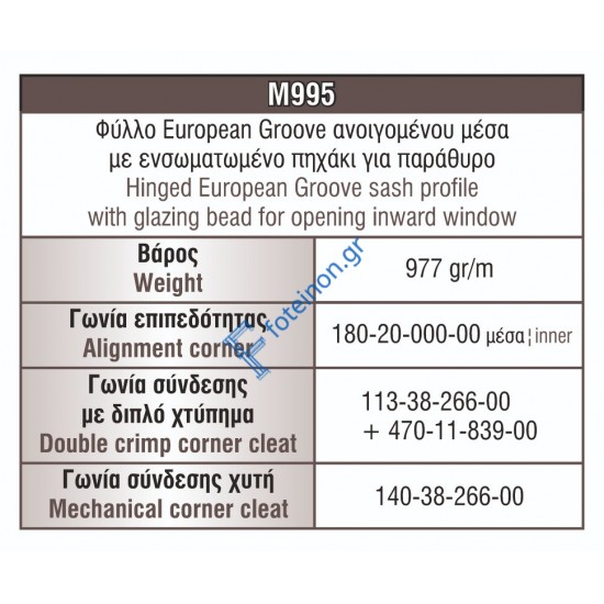 Φύλλο European Groove με ενσωματωμένο πηχάκι M995 σειράς Μ940 Comfort Alumil 6m σε χρώμα λευκό 9016