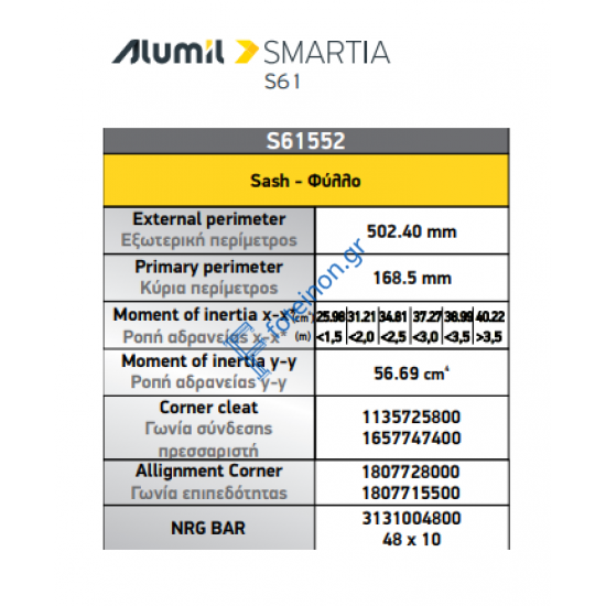 Φύλλο εισόδου European Groove S61552 σειράς S61 Smartia Alumil 6,5m σε χρώμα λευκό 9016