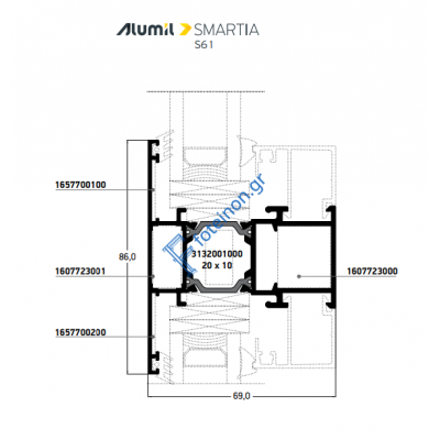 Ταυ S61566 για φύλλα της σειράς S61 Smartia Alumil 6,5m σε χρώμα λευκό 9016