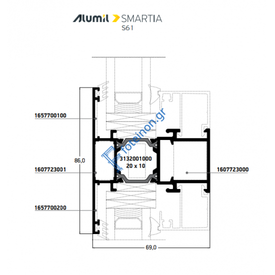 Ταυ S61566 για φύλλα της σειράς S61 Smartia Alumil 6,5m σε χρώμα λευκό 9016