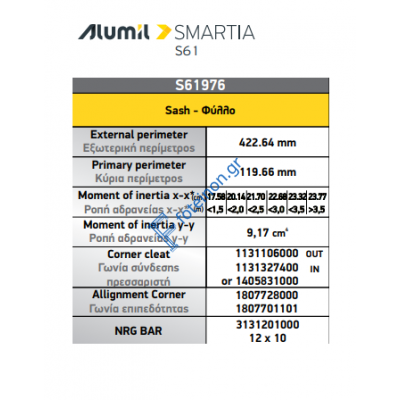 Φύλλo Ανοιγόμενο Περιμετρικού Μηχανισμού S61976 σειράς S61 Smartia Alumil 6,5m σε χρώμα λευκό 9016