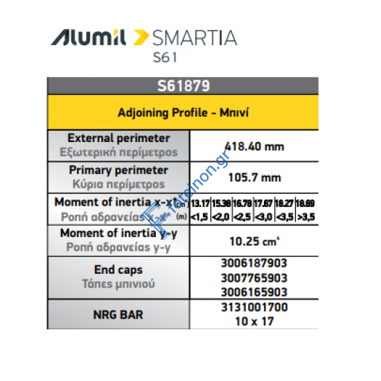 Μπινί για φύλλα Περιμετρικού μηχανισμού S61879 σειράς S61 Smartia Alumil 6,5m σε χρώμα λευκό 9016