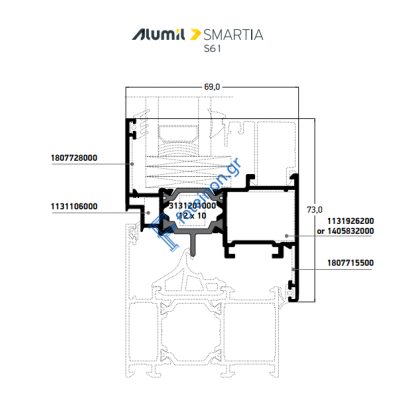 Φύλλο τζαμιού European Groove S61936 σειράς S61 Smartia Alumil 6,5m σε χρώμα λευκό 9016