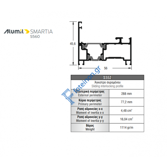 Άγγιστρο Γάντζος συρομένου S552 σειράς S560 Smartia Alumil σε χρώμα λευκό 9016