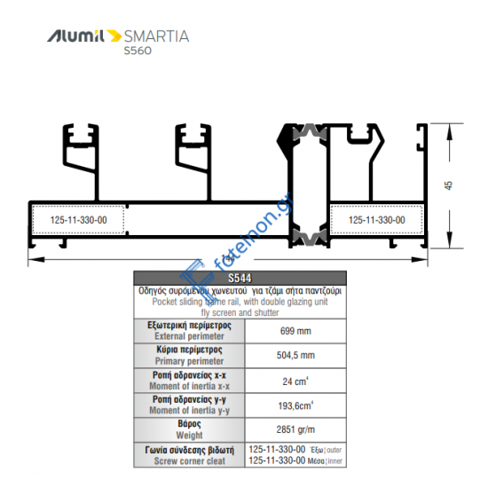 Οδηγός τριπλός χωνευτός τζάμι-σίτα-παντζούρι S544 σειράς S560 Alumil 6m σε χρώμα λευκό 9016