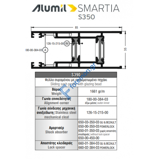 Φύλλο τζαμιού S390 σειράς S350 Smartia Alumil 6m σε χρώμα λευκό 9016