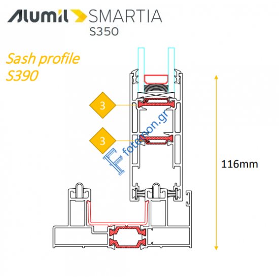 Φύλλο τζαμιού S390 σειράς S350 Smartia Alumil 6m σε χρώμα λευκό 9016