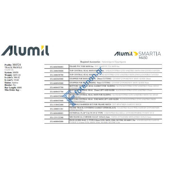 Τριπλός οδηγός επάλληλος M4524Μ σειράς Μ450 Comfort Alumil σε χρώμα λευκό 9016