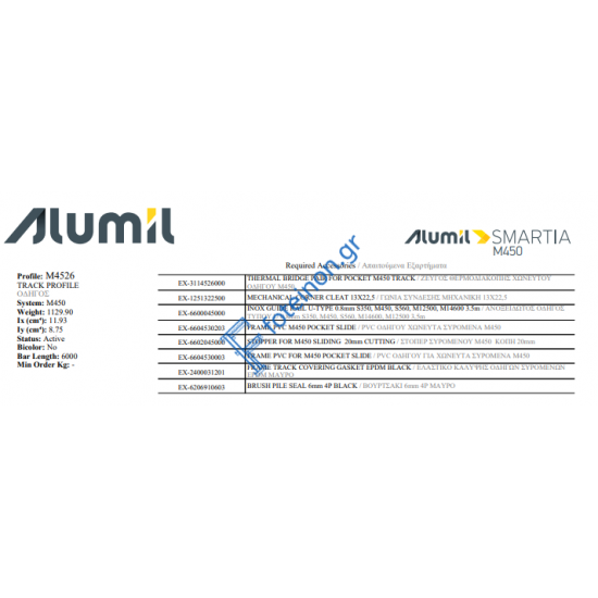 Μονός οδηγός με φτερό M4526 σειράς Μ450 Alumil σε χρώμα λευκό 9016