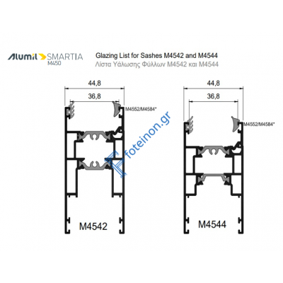 Εξωτερικό ελαστικό (λάστιχο) υάλωσης για φύλλα M4538, M4544, M4542, M4540 της σειράς M450 Alumil 2000686101 (τιμή μέτρου)