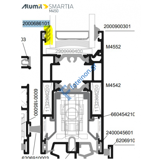 Εξωτερικό ελαστικό (λάστιχο) υάλωσης για φύλλα M4538, M4544, M4542, M4540 της σειράς M450 Alumil 2000686101 (τιμή μέτρου)