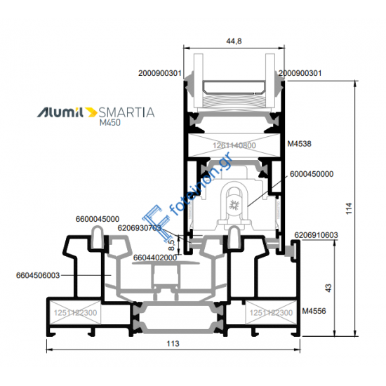 Φύλλο τζαμιού M4538 για απλό συρόμενο και κανονικό γάντζο της σειράς M450 Alumil 6m σε χρώμα λευκό 9016