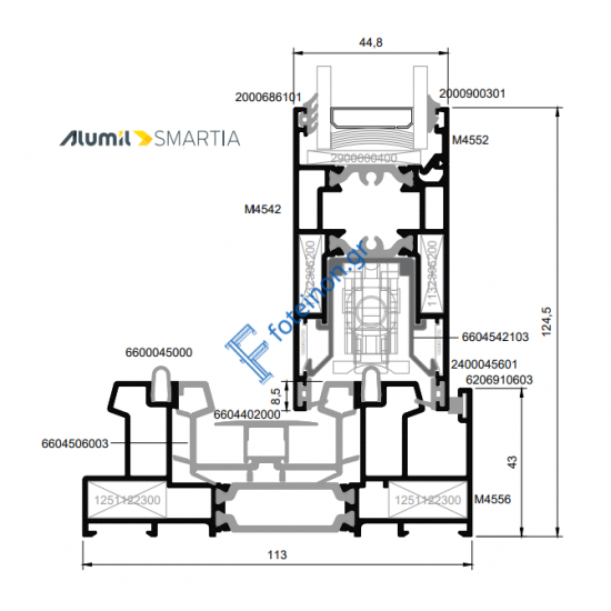 Φύλλο τζαμιού M4542 για απλό συρόμενο & ανασυρόμενο  και κανονικό & στενό γάντζο της σειράς M450 Alumil 6m σε χρώμα λευκό 9016