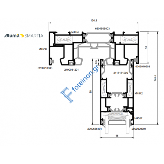 Φύλλο τζαμιού M4542 για απλό συρόμενο & ανασυρόμενο  και κανονικό & στενό γάντζο της σειράς M450 Alumil 6m σε χρώμα λευκό 9016