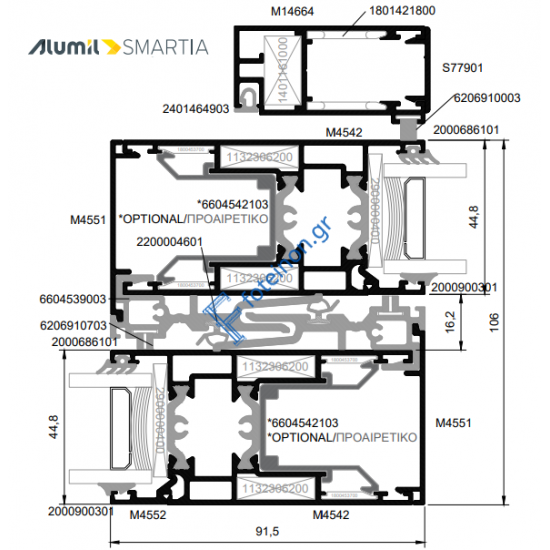 Φύλλο τζαμιού M4542 για απλό συρόμενο & ανασυρόμενο  και κανονικό & στενό γάντζο της σειράς M450 Alumil 6m σε χρώμα λευκό 9016