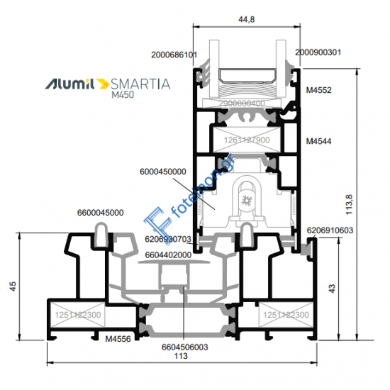 Φύλλο τζαμιού M4544 για απλό συρόμενο και κανονικό & στενό γάντζο της σειράς M450 Alumil 6m σε χρώμα λευκό 9016