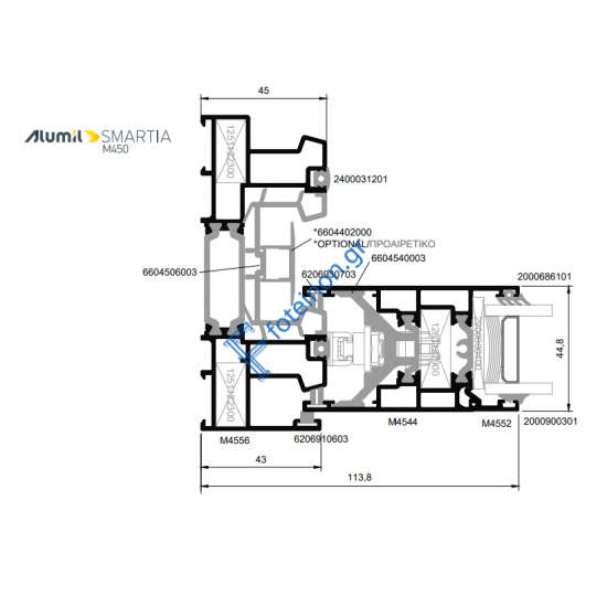 Φύλλο τζαμιού M4544 για απλό συρόμενο και κανονικό & στενό γάντζο της σειράς M450 Alumil 6m σε χρώμα λευκό 9016