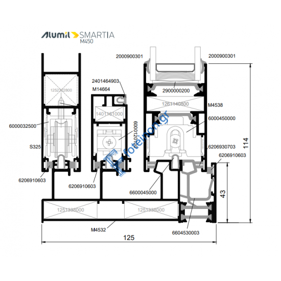 Οδηγός τριπλός τζάμι-σίτα-παντζούρι M4532 της σειράς M450 Alumil 6m σε χρώμα λευκό 9016