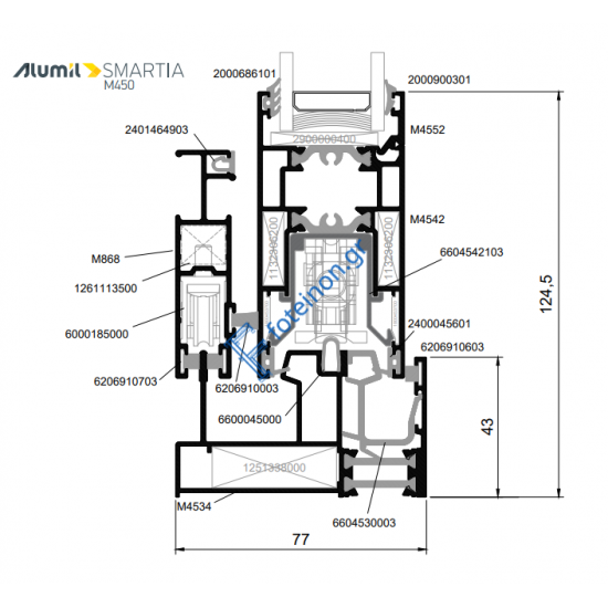 Οδηγός διπλός τζάμι-σίτα M4534 της σειράς M450 Alumil 6m σε χρώμα λευκό 9016