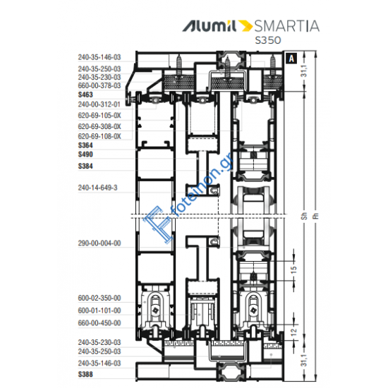 Φύλλο πατζουριού S364 σειράς S350 Smartia Alumil 6m σε χρώμα λευκό 9016