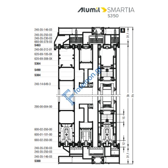 Φύλλο πατζουριού S364 σειράς S350 Smartia Alumil 6m σε χρώμα λευκό 9016