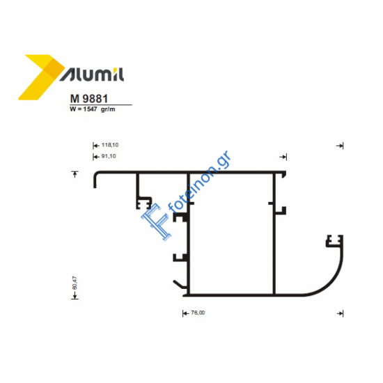 Φύλλο M9881 της σειράς M10800 Smartia Alumil 6m σε χρώμα λευκό 9016 (κουραγκλέ οροφής)