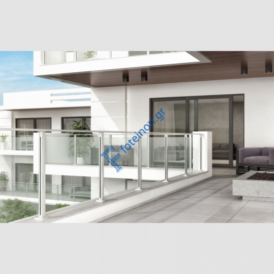 Σύστημα στήριξης γυάλινου στηθαίου με κολόνες και κουπαστή αλουμινίου Μακεδονικής MS-200