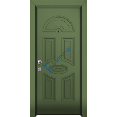 Πόρτα ασφαλείας αλουμινίου μέσα και έξω πρεσσαριστή Nexus A130, πλάτος 0.92 και ύψος 2.14, λαμπά 24 με ολικό ντύσιμο τοίχου, χρωμα RAL 6005, διπλή θωράκιση, γραναζωτή κλειδαριά, μη αντιγράψιμο κύλινδρο-οφαλό, ματάκι και εξαρτήματα ΙΝΟΧ