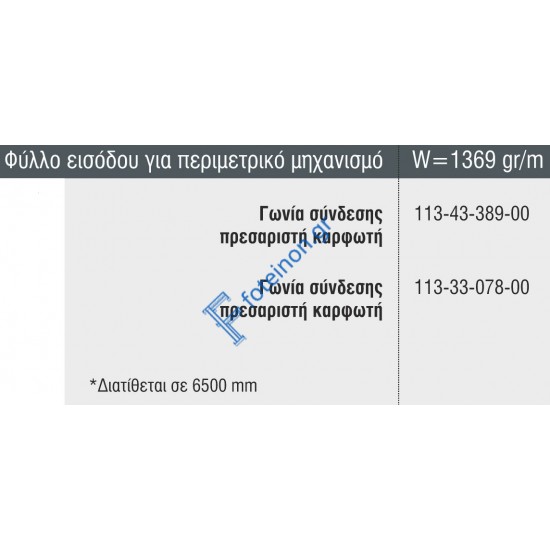 Φύλλο Εισόδου για Περιμετρικό Μηχανισμό M9410 σειράς Μ9400 Comfort Alumil 6.5m σε χρώμα λευκό 9016
